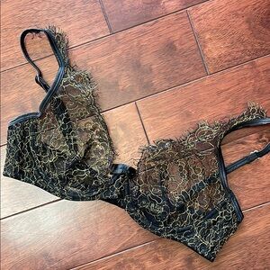 Maison Close Black Metallic Gold Thread Floral Unlined Eyelash Lace Bra 32D